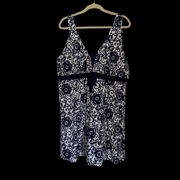 Navy/White Floral Print Swim Dress w/ Boy Shorts - Picture 1 of 4